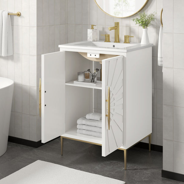 Modway Furniture Awaken 24 Inch Bathroom Vanity with Gold Hardware Solid Wood Modern Spa Design White White EEI-7592-WHI-WHI