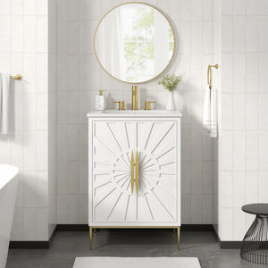 Modway Furniture Awaken 24 Inch Bathroom Vanity with Gold Hardware Solid Wood Modern Spa Design White White EEI-7592-WHI-WHI