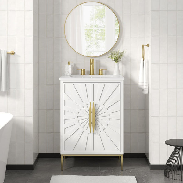 Modway Furniture Awaken 24 Inch Bathroom Vanity with Gold Hardware Solid Wood Modern Spa Design White White EEI-7592-WHI-WHI