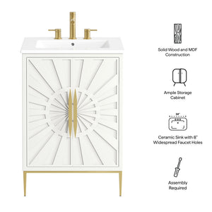 Modway Furniture Awaken 24 Inch Bathroom Vanity with Gold Hardware Solid Wood Modern Spa Design White White EEI-7592-WHI-WHI