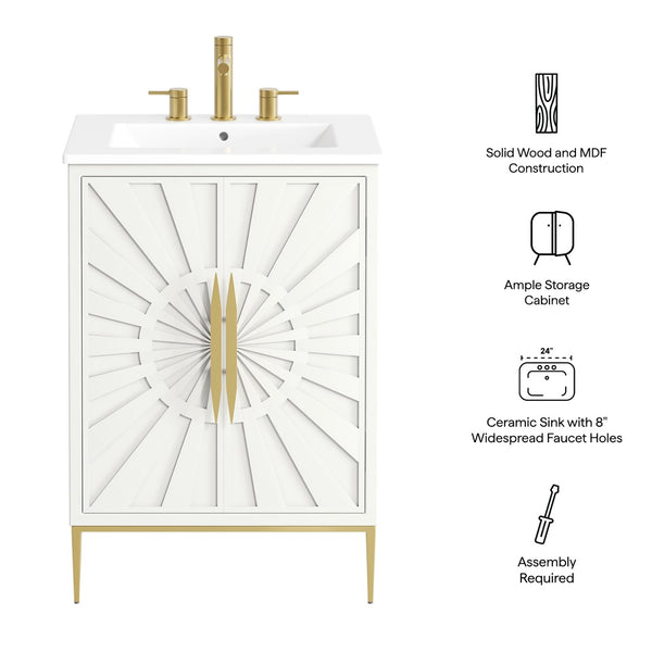 Modway Furniture Awaken 24 Inch Bathroom Vanity with Gold Hardware Solid Wood Modern Spa Design White White EEI-7592-WHI-WHI
