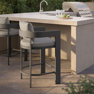 Modway Furniture Tahoe Modway Outdoor Aluminum Counter Stool with Cushion Slatted Barrel Patio Seat Gray EEI-7596-GRY