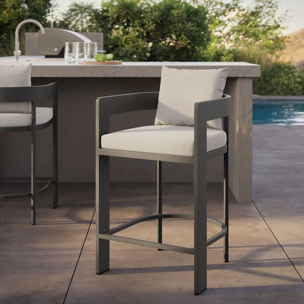 Modway Furniture Tahoe Modway Outdoor Aluminum Counter Stool with Cushion Slatted Barrel Patio Seat White EEI-7596-WHI