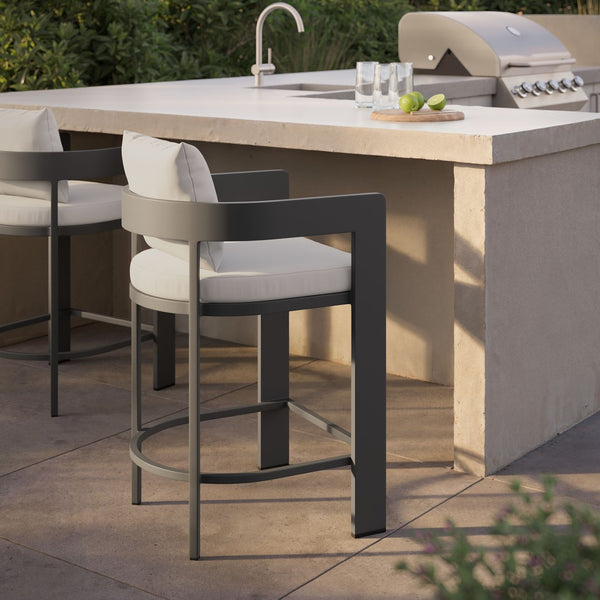 Modway Furniture Tahoe Modway Outdoor Aluminum Counter Stool with Cushion Slatted Barrel Patio Seat White EEI-7596-WHI