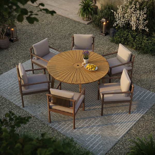 Modway Furniture Cielo Round Solid Teak Outdoor Dining Table Sunburst Slatted Top Seats Eight EEI-7601-NAT
