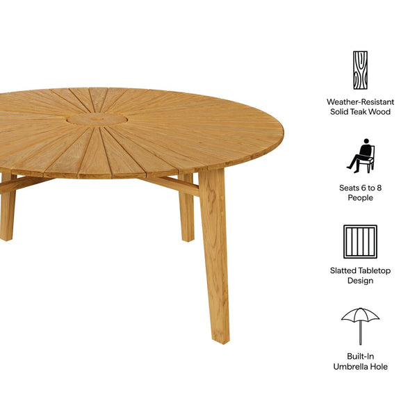 Modway Furniture Cielo Round Solid Teak Outdoor Dining Table Sunburst Slatted Top Seats Eight EEI-7601-NAT
