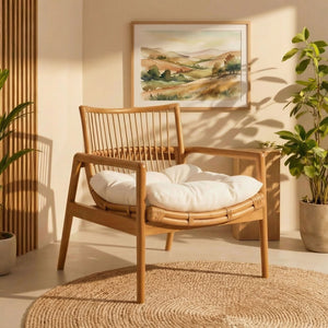 Modway Furniture Tula Rattan and Mahogany Lounge Chair Boho Coastal Accent with Thick Cushion EEI-7602-BRN-WHI
