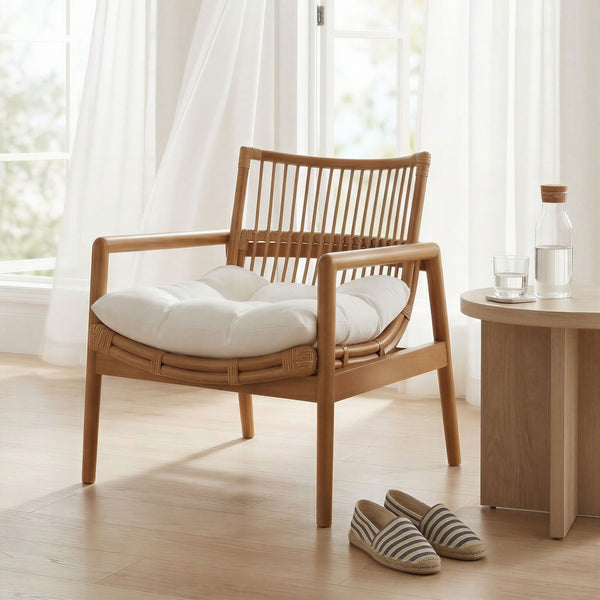 Modway Furniture Tula Rattan and Mahogany Lounge Chair Boho Coastal Accent with Thick Cushion EEI-7602-BRN-WHI