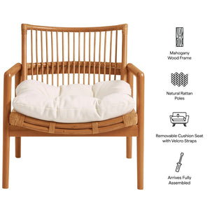 Modway Furniture Tula Rattan and Mahogany Lounge Chair Boho Coastal Accent with Thick Cushion EEI-7602-BRN-WHI