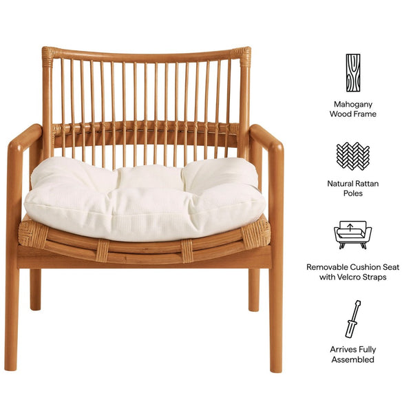 Modway Furniture Tula Rattan and Mahogany Lounge Chair Boho Coastal Accent with Thick Cushion EEI-7602-BRN-WHI