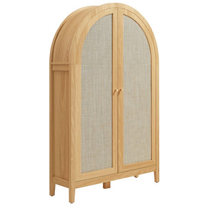 Modway Furniture Calista Arched Faux Rattan Cabinet with Fold Down Desk for Home Office Storage Oak EEI-7604-OAK