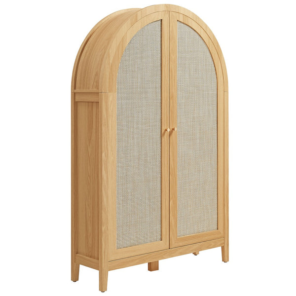 Modway Furniture Calista Arched Faux Rattan Cabinet with Fold Down Desk for Home Office Storage Oak EEI-7604-OAK