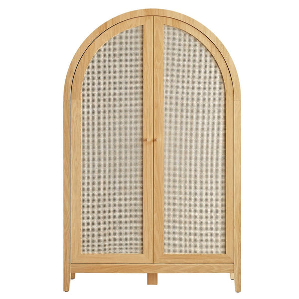 Modway Furniture Calista Arched Faux Rattan Cabinet with Fold Down Desk for Home Office Storage Oak EEI-7604-OAK