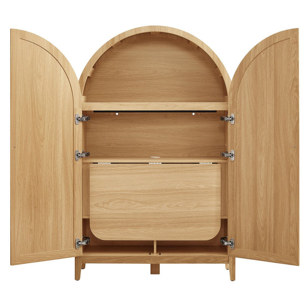 Modway Furniture Calista Arched Faux Rattan Cabinet with Fold Down Desk for Home Office Storage Oak EEI-7604-OAK