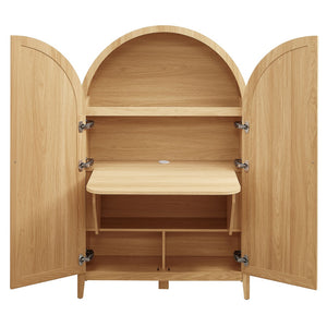 Modway Furniture Calista Arched Faux Rattan Cabinet with Fold Down Desk for Home Office Storage Oak EEI-7604-OAK