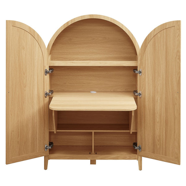 Modway Furniture Calista Arched Faux Rattan Cabinet with Fold Down Desk for Home Office Storage Oak EEI-7604-OAK
