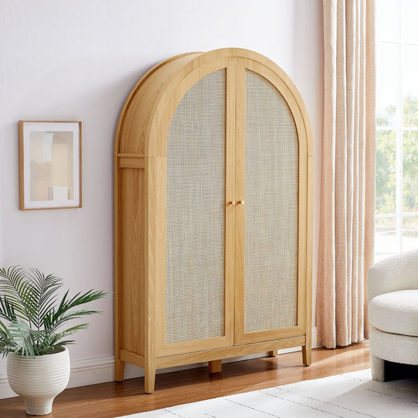 Modway Furniture Calista Arched Faux Rattan Cabinet with Fold Down Desk for Home Office Storage Oak EEI-7604-OAK