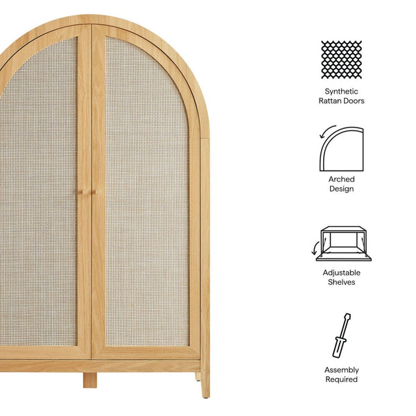 Modway Furniture Calista Arched Faux Rattan Cabinet with Fold Down Desk for Home Office Storage Oak EEI-7604-OAK