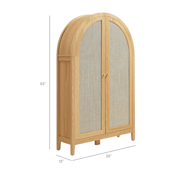 Modway Furniture Calista Arched Faux Rattan Cabinet with Fold Down Desk for Home Office Storage Oak EEI-7604-OAK