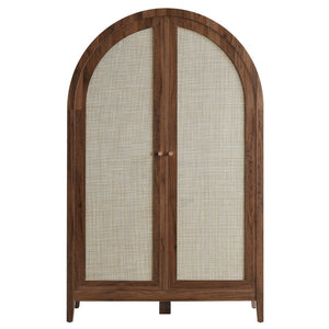 Modway Furniture Calista Arched Faux Rattan Cabinet with Fold Down Desk for Home Office Storage Walnut EEI-7604-WAL