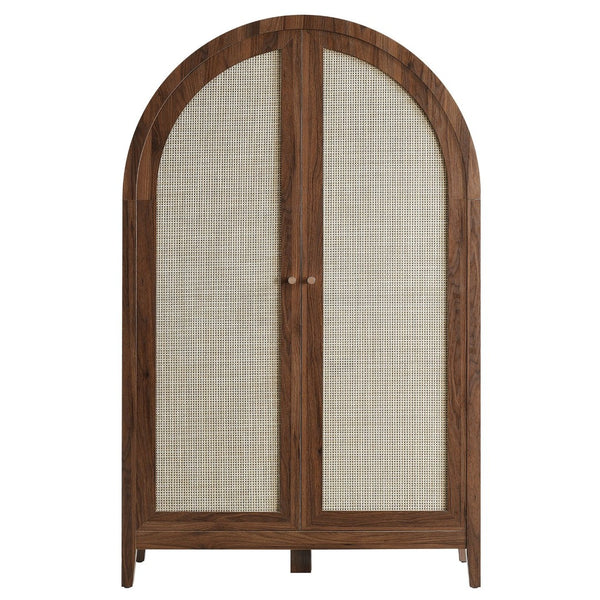 Modway Furniture Calista Arched Faux Rattan Cabinet with Fold Down Desk for Home Office Storage Walnut EEI-7604-WAL