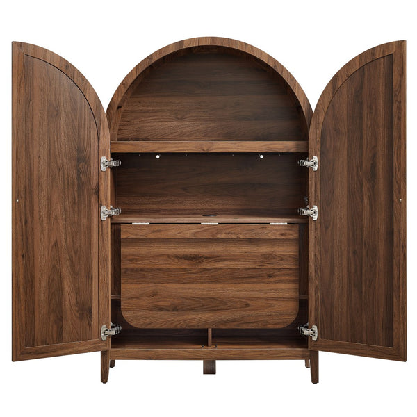 Modway Furniture Calista Arched Faux Rattan Cabinet with Fold Down Desk for Home Office Storage Walnut EEI-7604-WAL