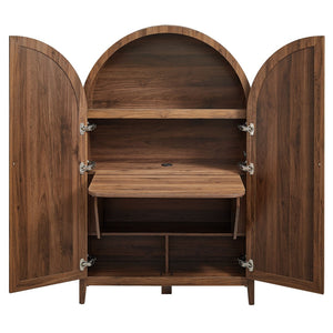 Modway Furniture Calista Arched Faux Rattan Cabinet with Fold Down Desk for Home Office Storage Walnut EEI-7604-WAL
