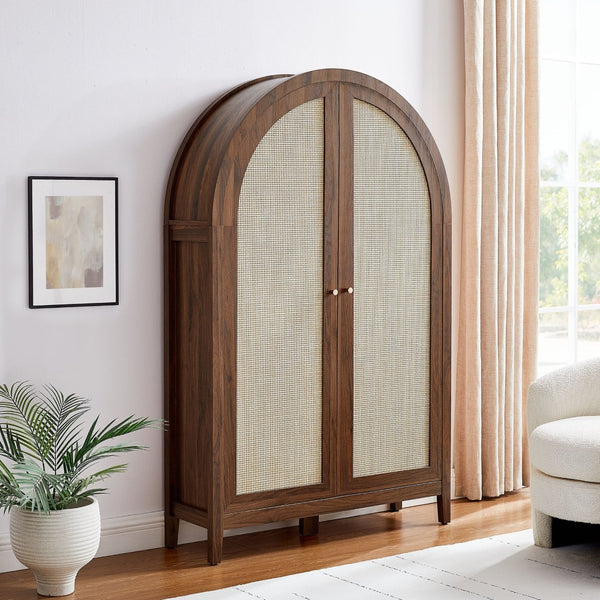 Modway Furniture Calista Arched Faux Rattan Cabinet with Fold Down Desk for Home Office Storage Walnut EEI-7604-WAL