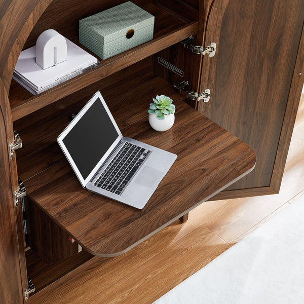 Modway Furniture Calista Arched Faux Rattan Cabinet with Fold Down Desk for Home Office Storage Walnut EEI-7604-WAL