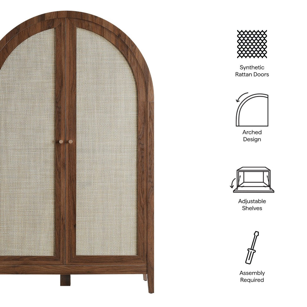 Modway Furniture Calista Arched Faux Rattan Cabinet with Fold Down Desk for Home Office Storage Walnut EEI-7604-WAL