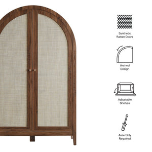 Modway Furniture Calista Arched Faux Rattan Cabinet with Fold Down Desk for Home Office Storage Walnut EEI-7604-WAL