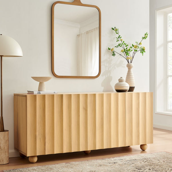 Modway Furniture Sorren Fluted Wood Sideboard with Four Doors Scalloped Front and Bun Feet Natural EEI-7606-NAT