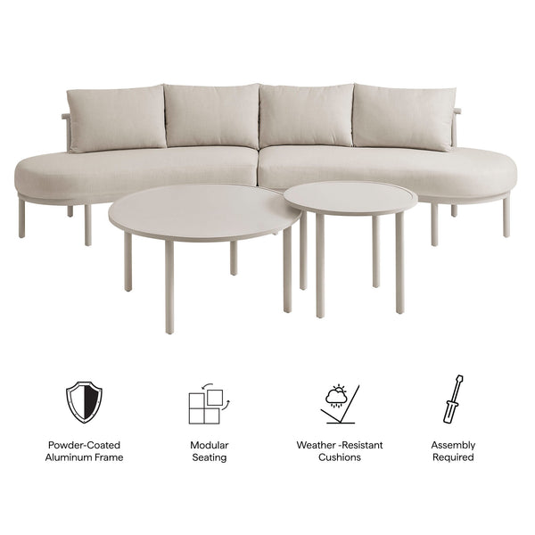 Modway Furniture Porta Outdoor Modular Sofa Set with Rope Weave Aluminum Frames and Nesting Tables Khaki Stone EEI-7613-KHA-STO