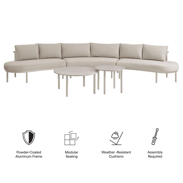 Modway Furniture Porta Modway 5 Piece Modular Outdoor Aluminum Sofa Set with Woven Rope Texture Khaki / Stone EEI-7614-KHA-STO