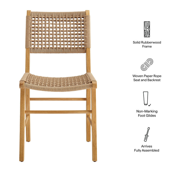 Modway Furniture Tindra Open Weave Rattan Dining Chairs Set of 2 with Solid Rubberwood Legs Natural EEI-7615-NAT