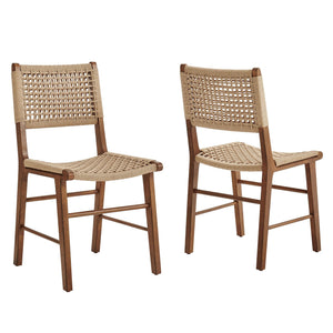 Modway Furniture Tindra Open Weave Rattan Dining Chairs Set of 2 with Solid Rubberwood Legs Walnut EEI-7615-WAL