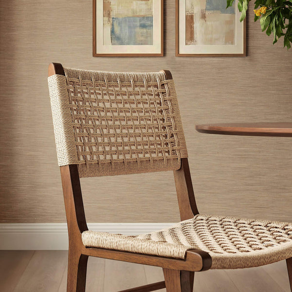 Modway Furniture Tindra Open Weave Rattan Dining Chairs Set of 2 with Solid Rubberwood Legs Walnut EEI-7615-WAL