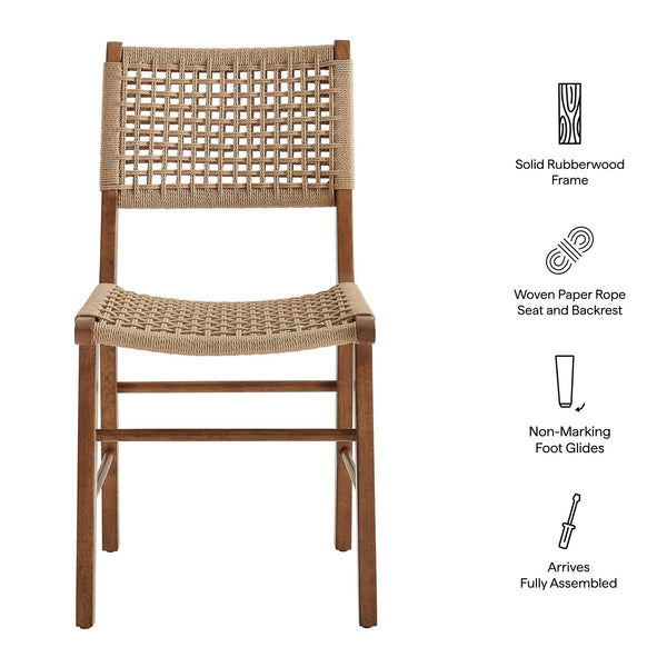 Modway Furniture Tindra Open Weave Rattan Dining Chairs Set of 2 with Solid Rubberwood Legs Walnut EEI-7615-WAL