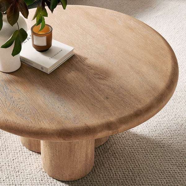 Modway Furniture Tori Round Outdoor Concrete Coffee Table with Faux Wood Finish Three Pillar Base Oak EEI-7620-OAK