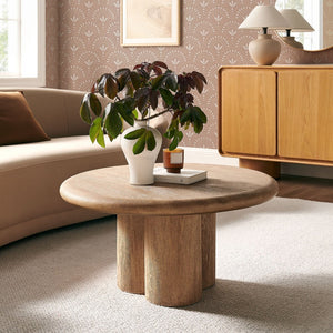 Modway Furniture Tori Round Outdoor Concrete Coffee Table with Faux Wood Finish Three Pillar Base Oak EEI-7620-OAK