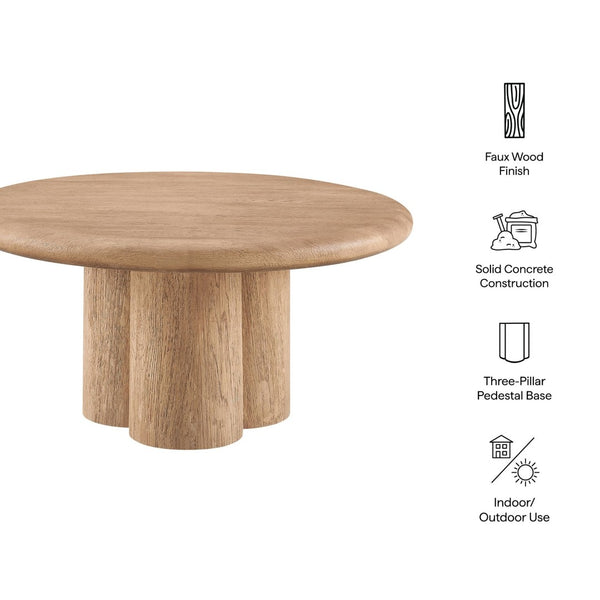 Modway Furniture Tori Round Outdoor Concrete Coffee Table with Faux Wood Finish Three Pillar Base Oak EEI-7620-OAK
