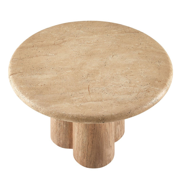 Modway Furniture Tori Round Outdoor Concrete Coffee Table with Faux Wood Finish Three Pillar Base Travertine EEI-7620-TRA-OAK