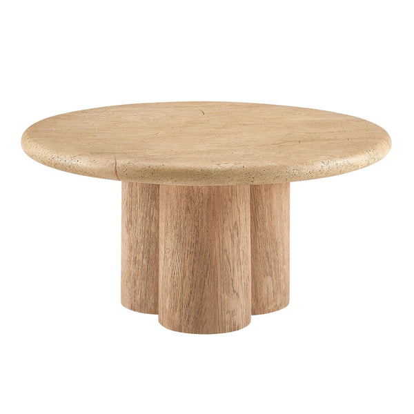 Modway Furniture Tori Round Outdoor Concrete Coffee Table with Faux Wood Finish Three Pillar Base Travertine EEI-7620-TRA-OAK