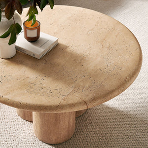 Modway Furniture Tori Round Outdoor Concrete Coffee Table with Faux Wood Finish Three Pillar Base Travertine EEI-7620-TRA-OAK