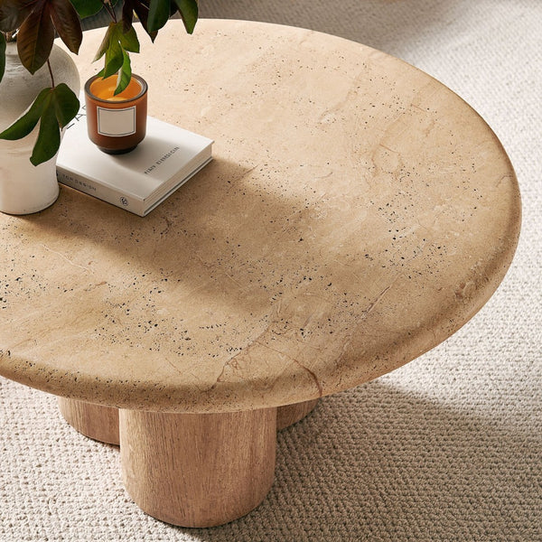 Modway Furniture Tori Round Outdoor Concrete Coffee Table with Faux Wood Finish Three Pillar Base Travertine EEI-7620-TRA-OAK