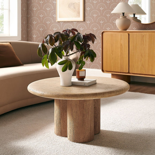 Modway Furniture Tori Round Outdoor Concrete Coffee Table with Faux Wood Finish Three Pillar Base Travertine EEI-7620-TRA-OAK