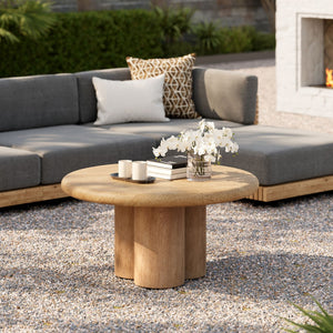 Modway Furniture Tori Round Outdoor Concrete Coffee Table with Faux Wood Finish Three Pillar Base Travertine EEI-7620-TRA-OAK