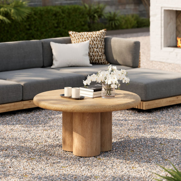 Modway Furniture Tori Round Outdoor Concrete Coffee Table with Faux Wood Finish Three Pillar Base Travertine EEI-7620-TRA-OAK