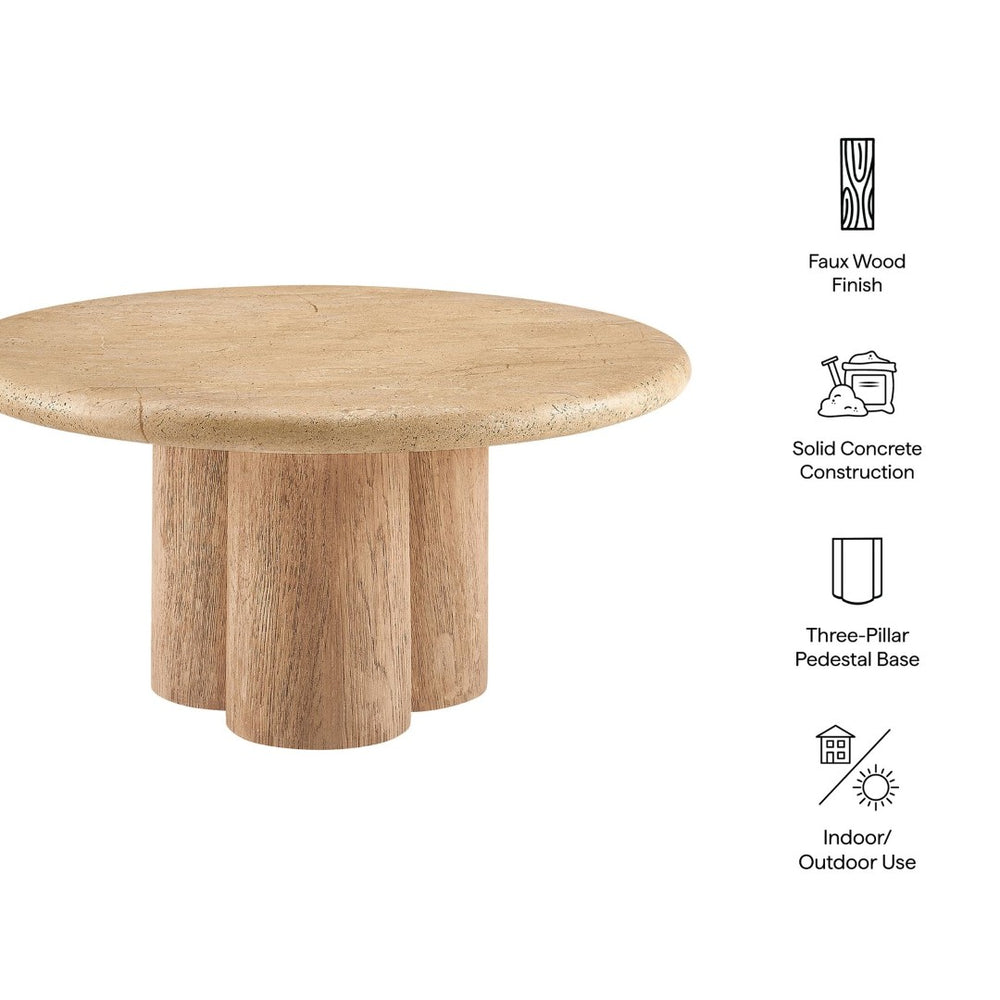 Modway Furniture Tori Round Outdoor Concrete Coffee Table with Faux Wood Finish Three Pillar Base Travertine EEI-7620-TRA-OAK