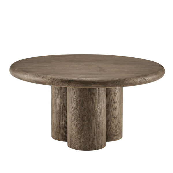 Modway Furniture Tori Round Outdoor Concrete Coffee Table with Faux Wood Finish Three Pillar Base Weathered Walnut EEI-7620-WAL